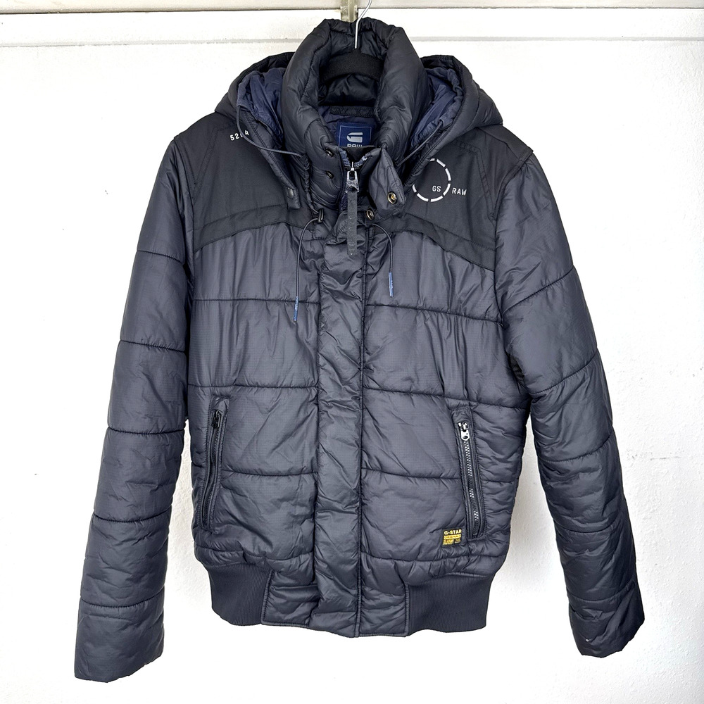 G Star Raw Whistler Hooded Bomber Puffer Coat Size Large Navy Nylon